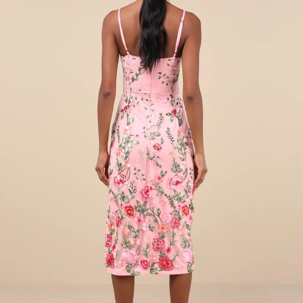 Lulus Blooming For Love Pink Floral Embroidered Midi Dress - NWT, Size Small - Picture 9 of 11